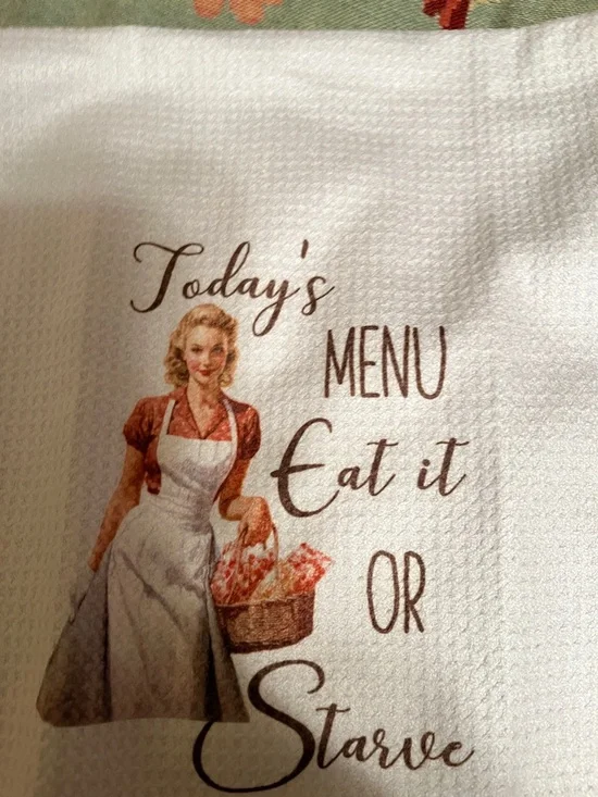 Vintage-Style White Kitchen Towel with Brown Accent Text - Picture 1 of 1
